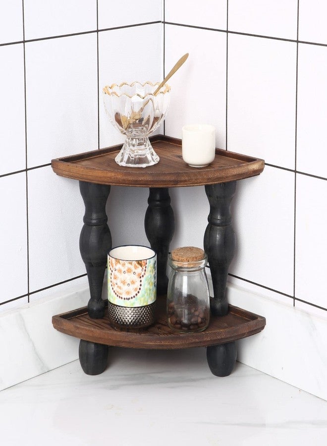 GoFika Small Corner Shelf Stand, 2 Tier Wooden Shelving Unit Black Riser, Vintage Corner Countertop Pedestal Stand Stackable Rack - Image 1